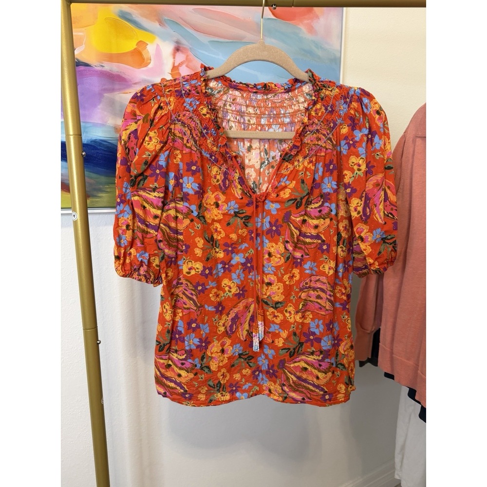 Women's Vibrant Floral Cotton Short Sleeve Blouse Shirt Top Medium